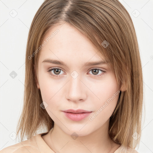 Neutral white young-adult female with medium  brown hair and brown eyes