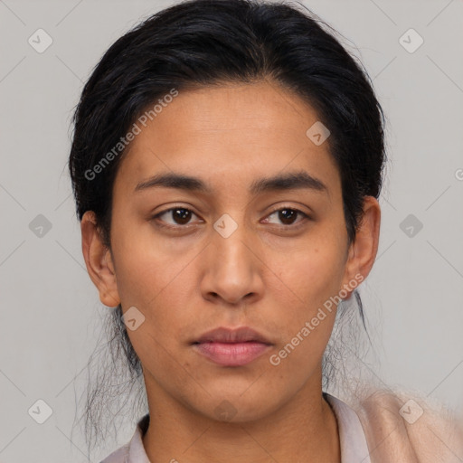 Neutral asian young-adult female with short  black hair and brown eyes