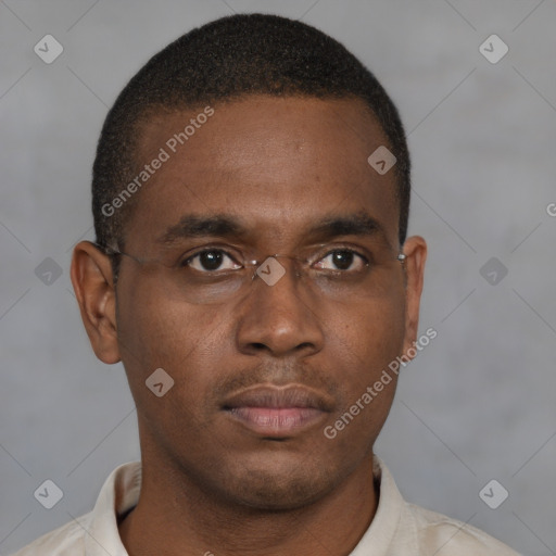 Neutral black young-adult male with short  brown hair and brown eyes