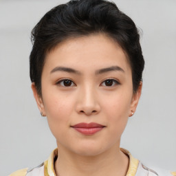 Joyful asian young-adult female with short  brown hair and brown eyes