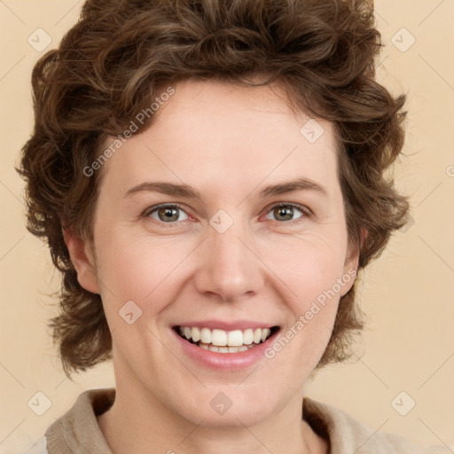 Joyful white young-adult female with medium  brown hair and green eyes