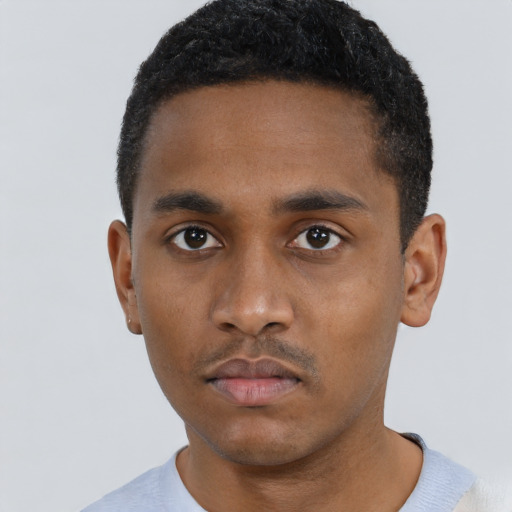 Neutral black young-adult male with short  black hair and brown eyes