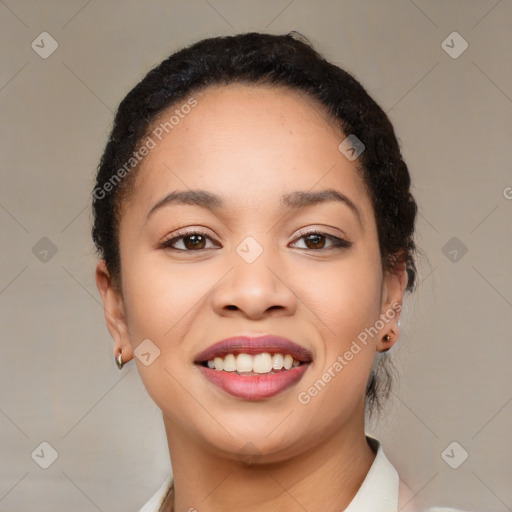 Joyful asian young-adult female with short  black hair and brown eyes