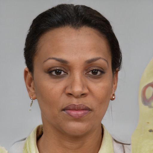 Joyful latino adult female with short  brown hair and brown eyes