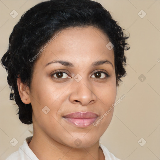 Joyful latino young-adult female with short  brown hair and brown eyes