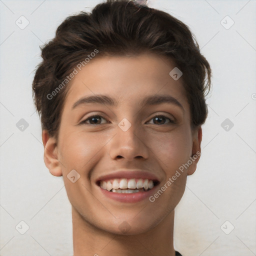 Joyful white young-adult female with short  brown hair and brown eyes