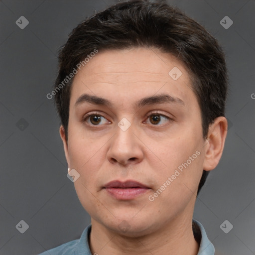 Neutral white adult female with short  brown hair and brown eyes