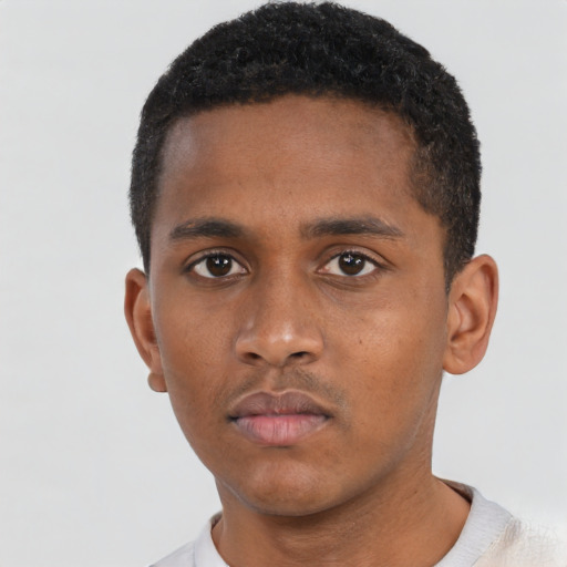 Neutral black young-adult male with short  black hair and brown eyes