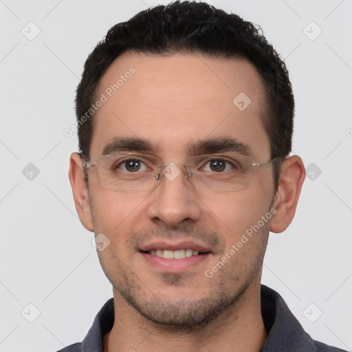 Joyful white young-adult male with short  brown hair and brown eyes