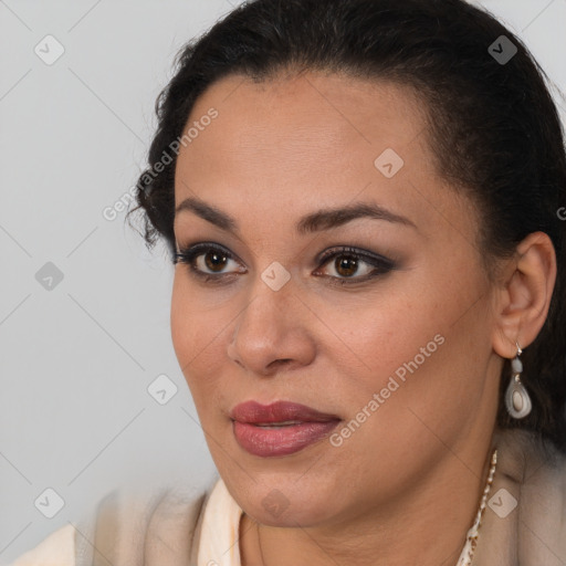 Joyful latino young-adult female with long  brown hair and brown eyes