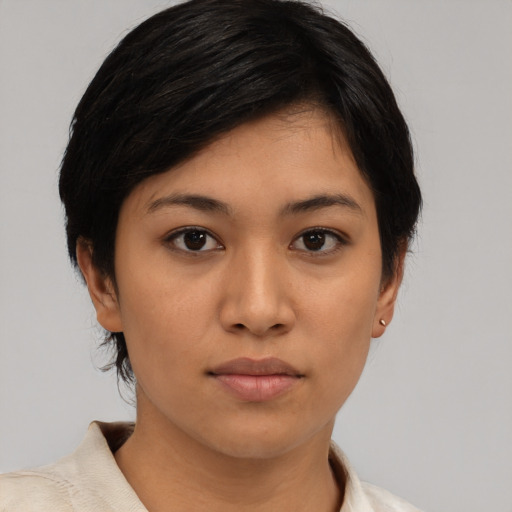 Neutral asian young-adult female with medium  black hair and brown eyes