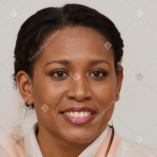 Joyful latino young-adult female with short  brown hair and brown eyes