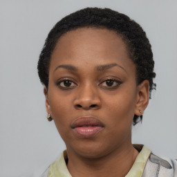 Neutral black young-adult female with short  black hair and brown eyes