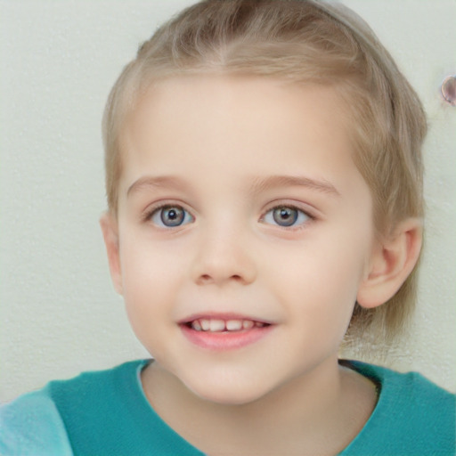 Joyful white child female with short  brown hair and grey eyes