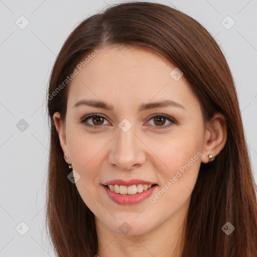 Joyful white young-adult female with long  brown hair and brown eyes