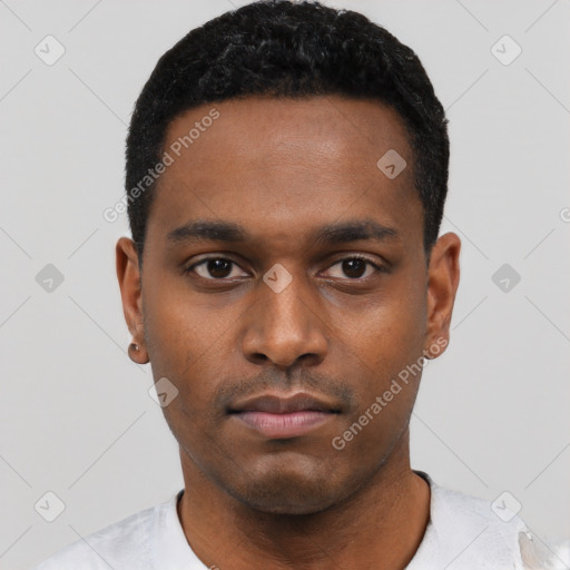 Neutral black young-adult male with short  black hair and brown eyes