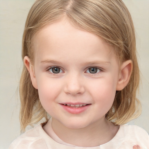 Joyful white child female with medium  brown hair and grey eyes