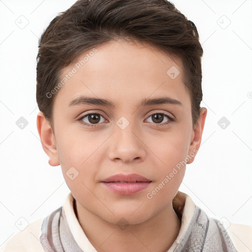 Joyful white child female with short  brown hair and brown eyes