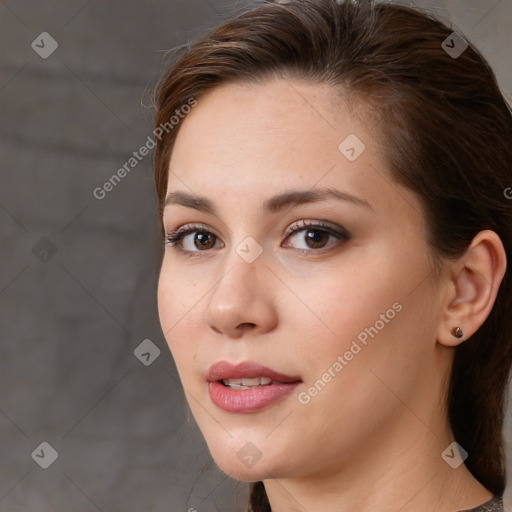 Neutral white young-adult female with medium  brown hair and brown eyes