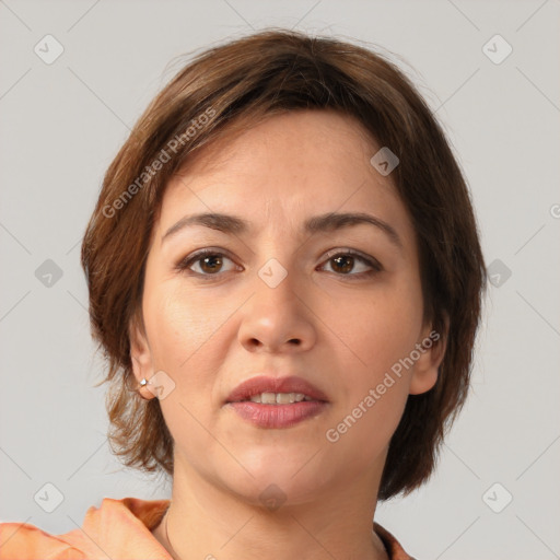 Neutral white young-adult female with medium  brown hair and brown eyes