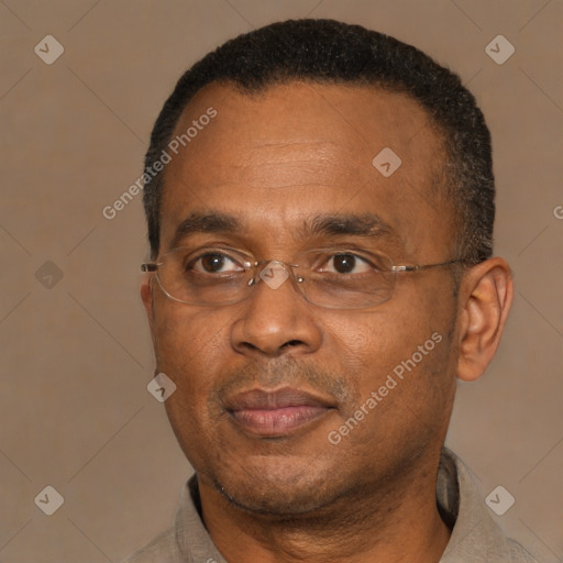 Neutral black adult male with short  black hair and brown eyes