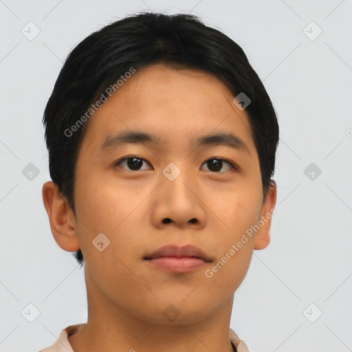 Neutral asian young-adult male with short  black hair and brown eyes