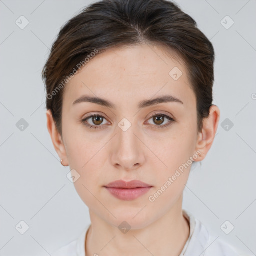 Neutral white young-adult female with short  brown hair and brown eyes