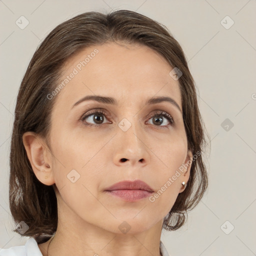 Neutral white young-adult female with medium  brown hair and brown eyes