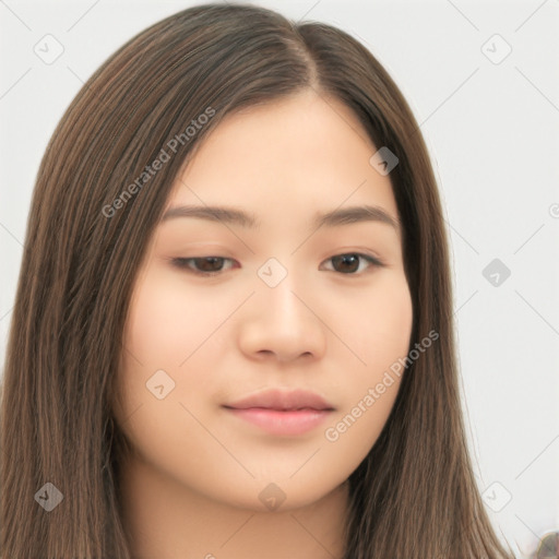 Neutral asian young-adult female with long  brown hair and brown eyes