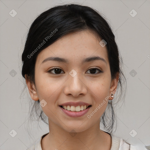 Joyful asian young-adult female with medium  black hair and brown eyes