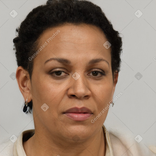 Joyful black adult female with short  brown hair and brown eyes