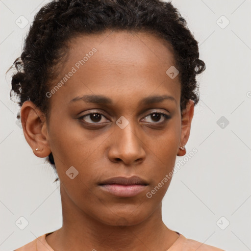 Neutral black young-adult female with short  brown hair and brown eyes