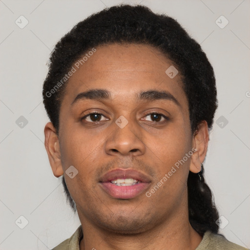 Neutral black young-adult male with short  black hair and brown eyes