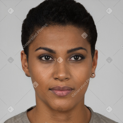 Joyful black young-adult female with short  black hair and brown eyes