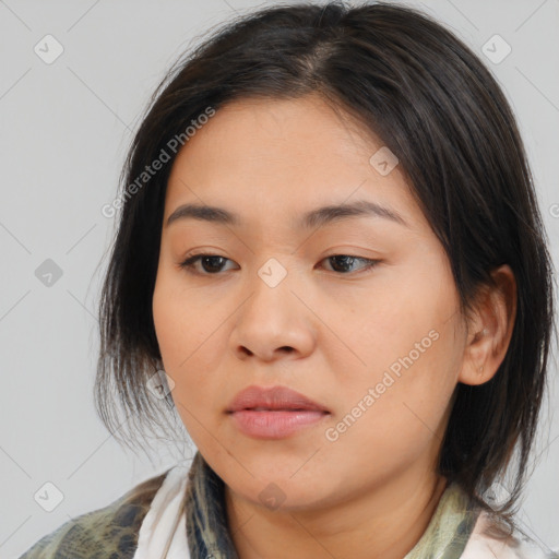 Neutral white young-adult female with medium  brown hair and brown eyes