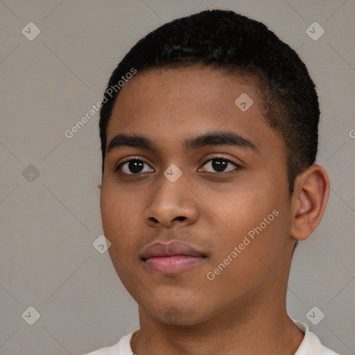 Neutral black young-adult male with short  black hair and brown eyes