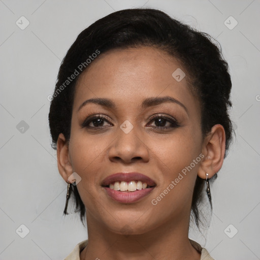 Joyful latino young-adult female with medium  black hair and brown eyes