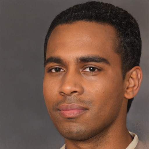 Neutral black young-adult male with short  black hair and brown eyes