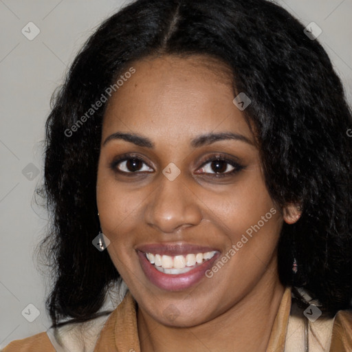 Joyful latino young-adult female with long  black hair and brown eyes