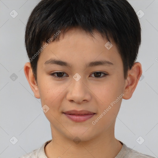 Joyful white child female with short  brown hair and brown eyes