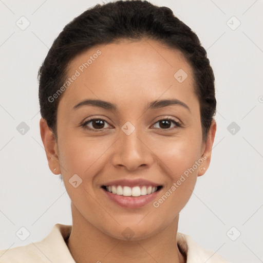 Joyful white young-adult female with short  brown hair and brown eyes