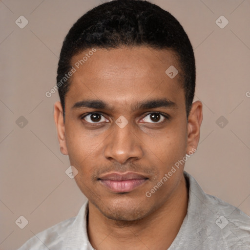 Neutral latino young-adult male with short  black hair and brown eyes