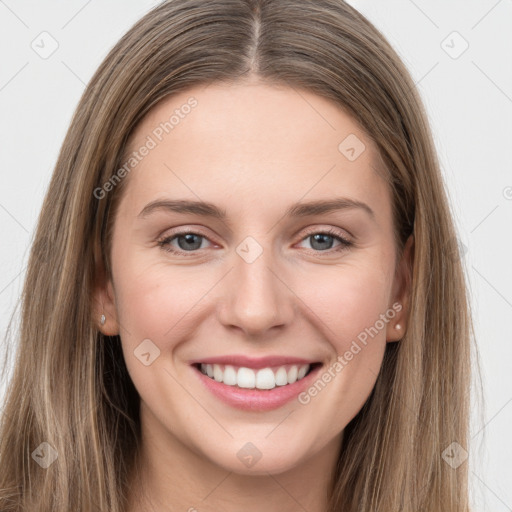 Joyful white young-adult female with long  brown hair and grey eyes