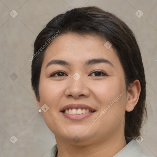 Joyful white young-adult female with medium  brown hair and brown eyes