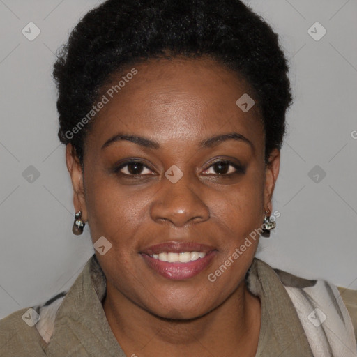 Joyful black young-adult female with short  brown hair and brown eyes