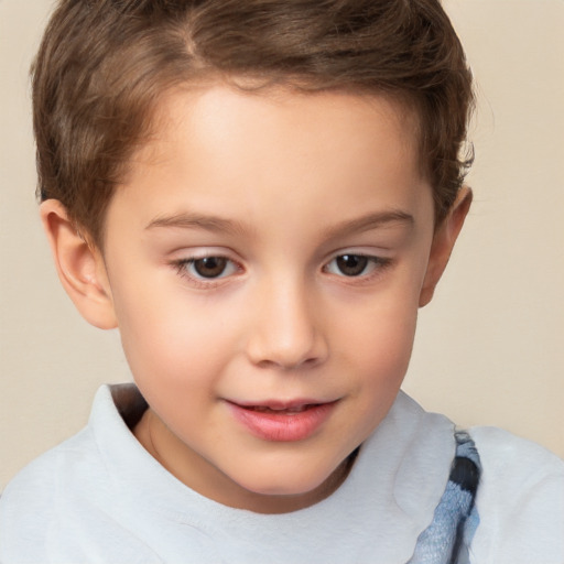 Joyful white child female with short  brown hair and brown eyes