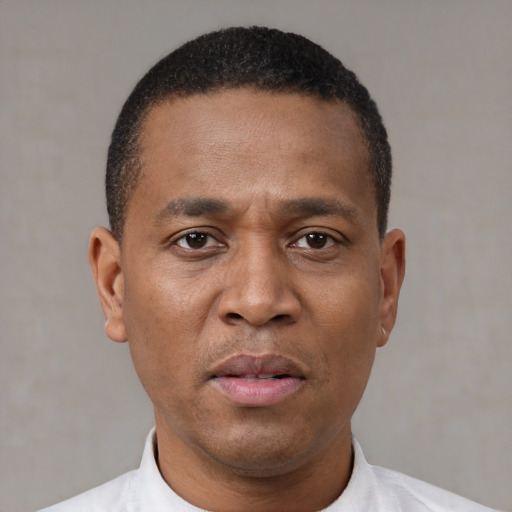 Neutral latino adult male with short  brown hair and brown eyes