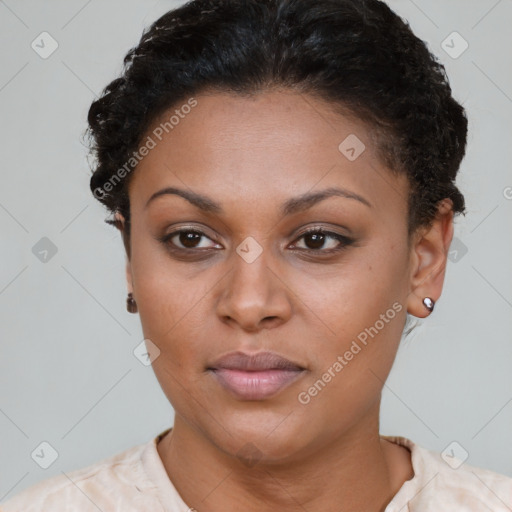 Neutral black young-adult female with short  brown hair and brown eyes