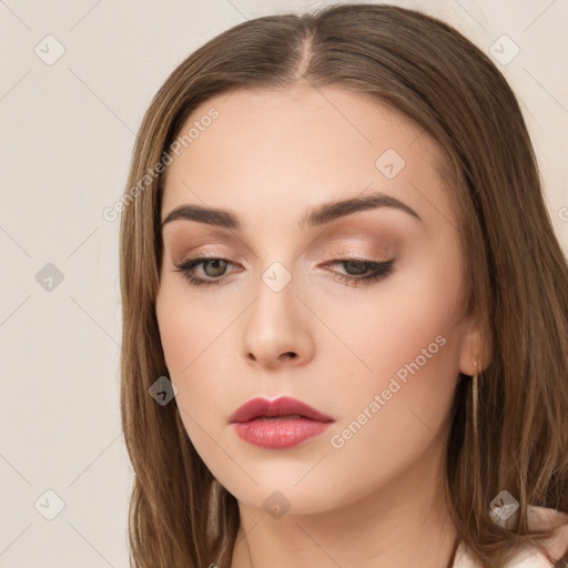 Neutral white young-adult female with long  brown hair and brown eyes