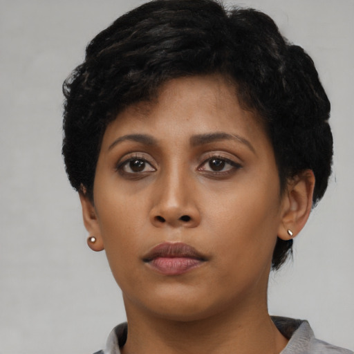 Neutral asian young-adult female with short  black hair and brown eyes